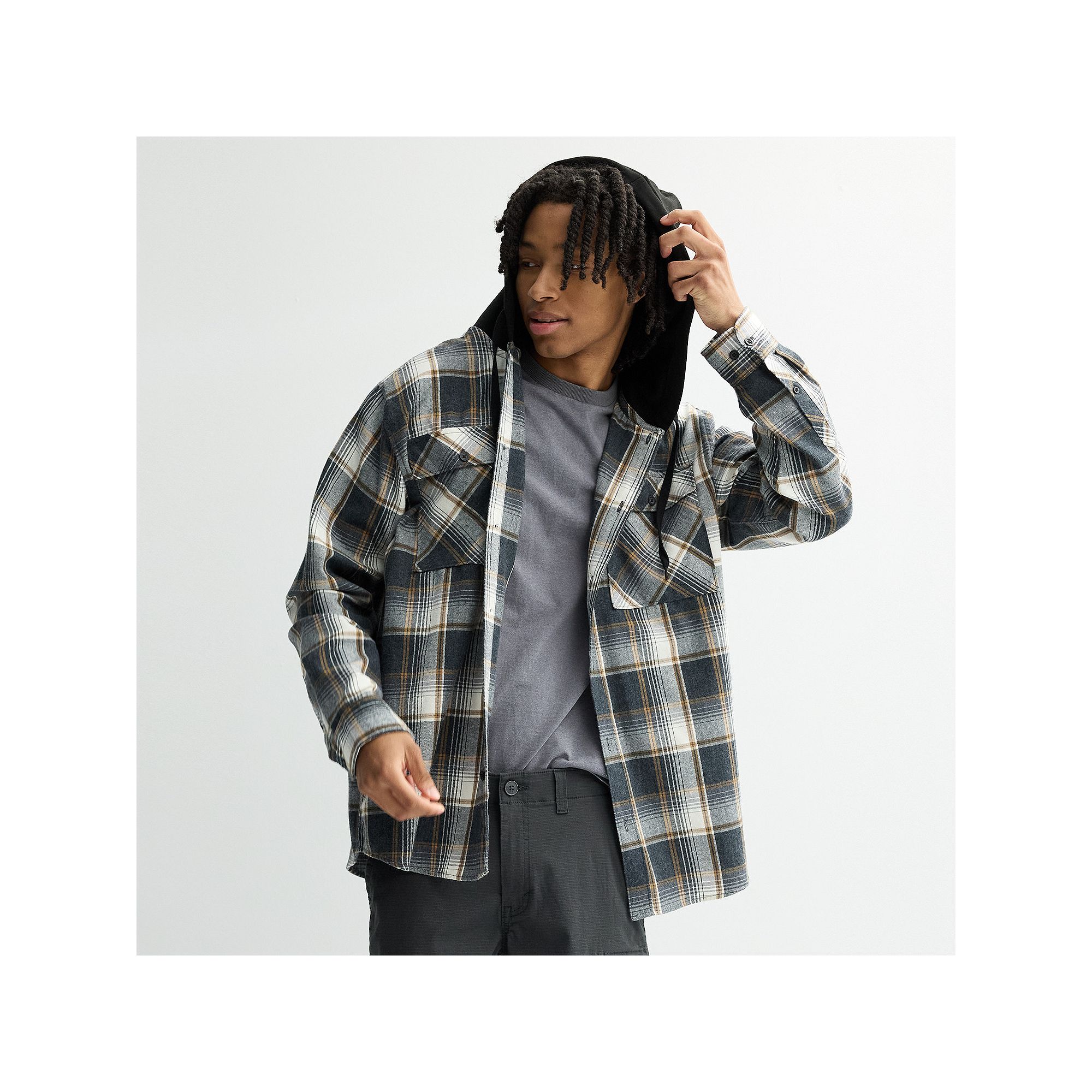 Mens Trinity Coast Hooded Flannel Shirt, Size: Small, Gray