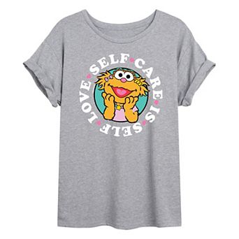 Juniors' Sesame Street Zoe Self Care Is Self Love Oversized Tee