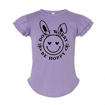 Don't Worry Be Hoppy Smiley Bunny Toddler Flutter Sleeve Graphic Tee