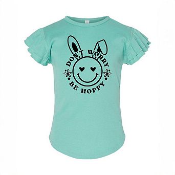 Don't Worry Be Hoppy Smiley Bunny Toddler Flutter Sleeve Graphic Tee