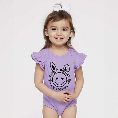 Don't Worry Be Hoppy Smiley Bunny Baby Flutter Sleeve Bodysuit