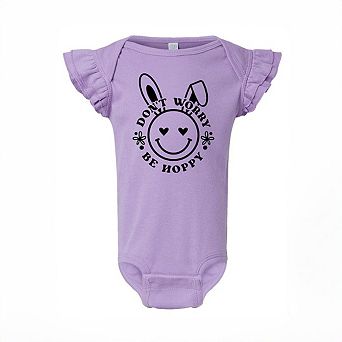Don't Worry Be Hoppy Smiley Bunny Baby Flutter Sleeve Bodysuit