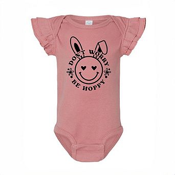 Don't Worry Be Hoppy Smiley Bunny Baby Flutter Sleeve Bodysuit