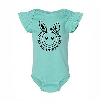 Don't Worry Be Hoppy Smiley Bunny Baby Flutter Sleeve Bodysuit