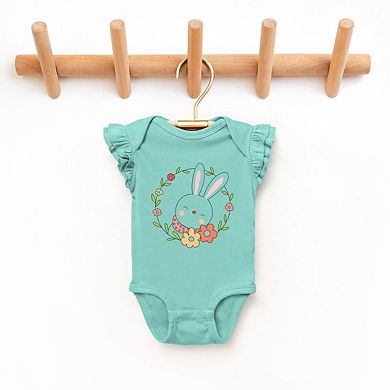 Easter Bunny Flower Wreath Baby Flutter Sleeve Bodysuit