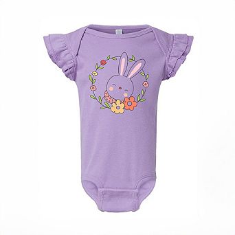Easter Bunny Flower Wreath Baby Flutter Sleeve Bodysuit