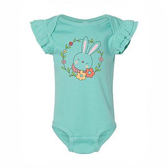 Easter Bunny Flower Wreath Baby Flutter Sleeve Bodysuit