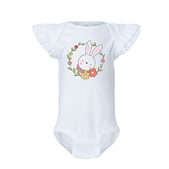 Easter Bunny Flower Wreath Baby Flutter Sleeve Bodysuit