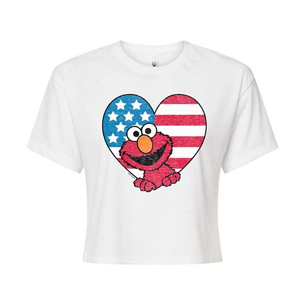 Juniors' Sesame Street Elmo Flag Heart Cropped Tee