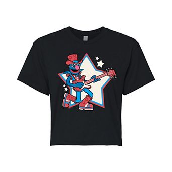 Juniors' Sesame Street Grover Rock Star Cropped Tee