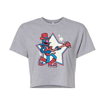 Juniors' Sesame Street Grover Rock Star Cropped Tee