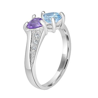 Gemistry Sterling Silver Amethyst, Blue Topaz & Cubic Zirconia Two Hearts Ring