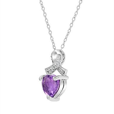 Gemistry Sterling Silver Stone & Cubic Zirconia Heart Ribbon Pendant Necklace