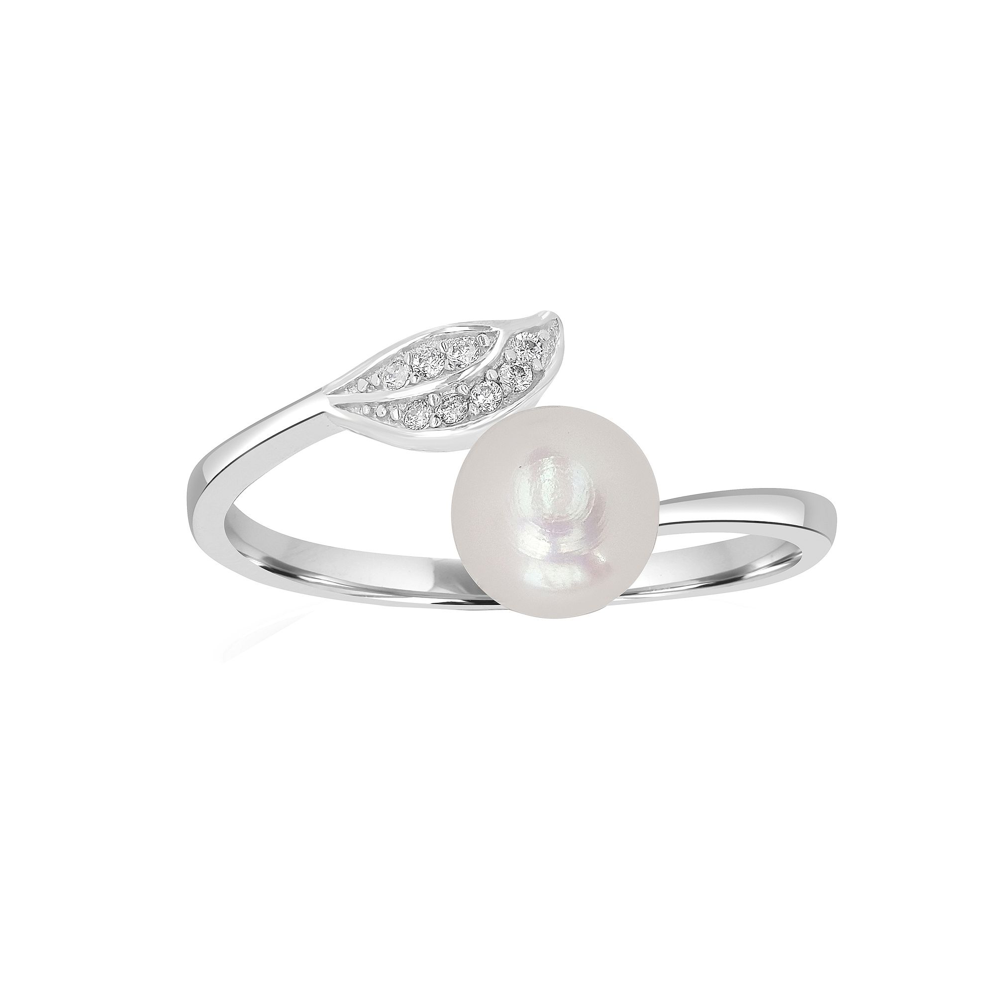 Gemistry Sterling Silver Freshwater Cultured Pearl & Cubic Zirconia Leaf Ri