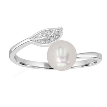 Gemistry Sterling Silver Freshwater Cultured Pearl & Cubic Zirconia Leaf Ring