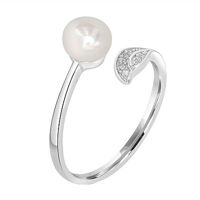 SILVER popular PEARL CUBIC ZIRCONIA LEAF RING