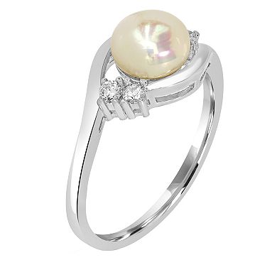 Gemistry Sterling Silver Freshwater Cultured Pearl & Cubic Zirconia Wave Ring