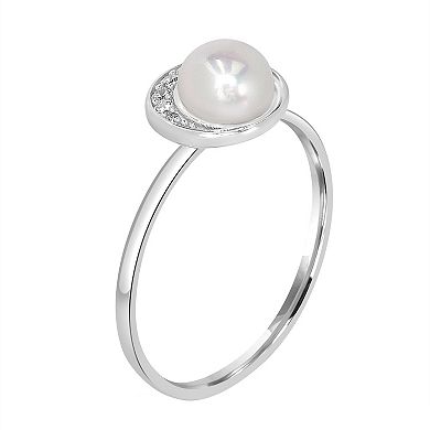Gemistry Sterling Silver Freshwater Cultured Pearl & Cubic Zirconia Round Border Ring