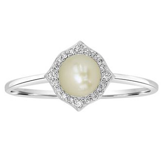 Gemistry Sterling Silver Freshwater Cultured Pearl & Cubic Zirconia Fancy Border Ring