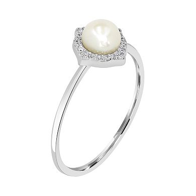 Gemistry Sterling Silver Freshwater Cultured Pearl & Cubic Zirconia Fancy Border Ring