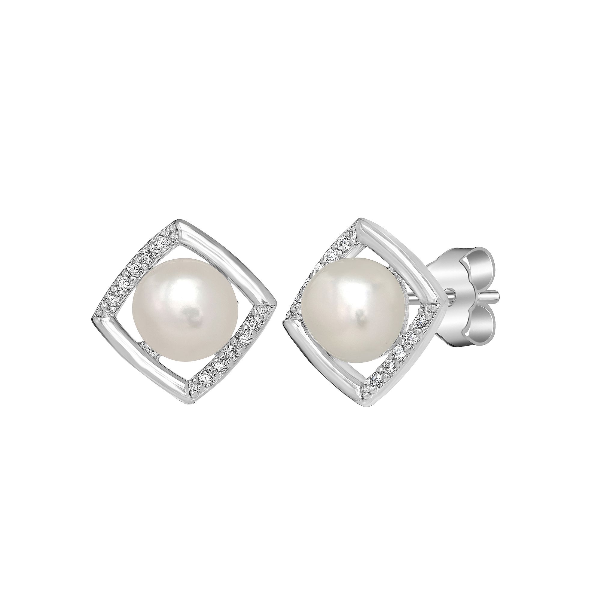 Gemistry Sterling Silver Freshwater Cultured Pearl & Cubic Zirconia Square 