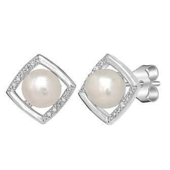 Gemistry Sterling Silver Freshwater Cultured Pearl & Cubic Zirconia Square Halo Stud Earrings