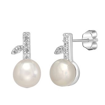 Gemistry Sterling Silver Freshwater Cultured Pearl & Cubic Zirconia Leaf Stick Stud Earrings