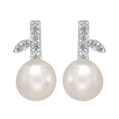 Gemistry Sterling Silver Freshwater Cultured Pearl & Cubic Zirconia Leaf Stick Stud Earrings