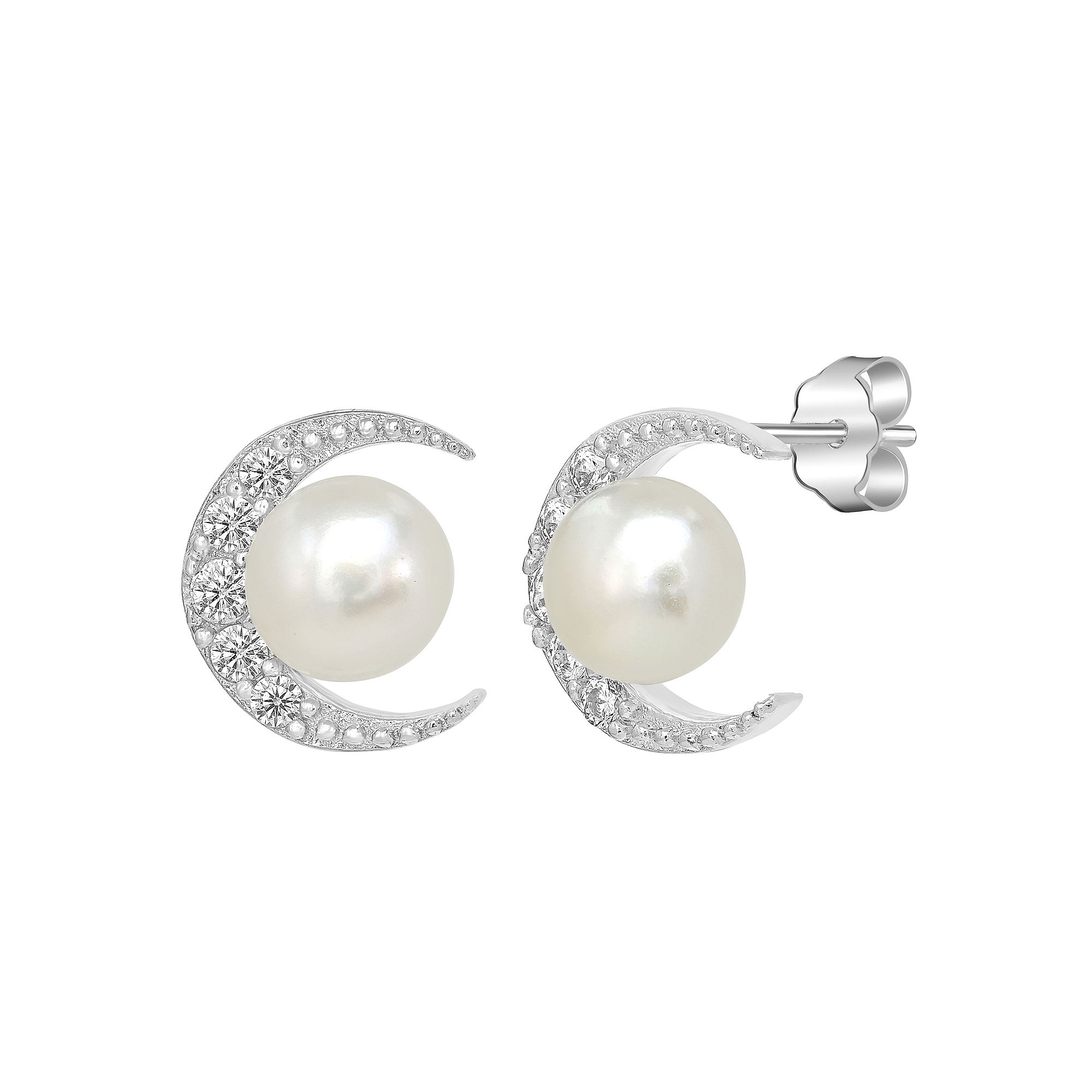 Gemistry Sterling Silver Cubic Zirconia Crescent Moon & Freshwater Cultured