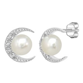 Gemistry Sterling Silver Cubic Zirconia Crescent Moon & Freshwater Cultured Pearl Stud Earrings