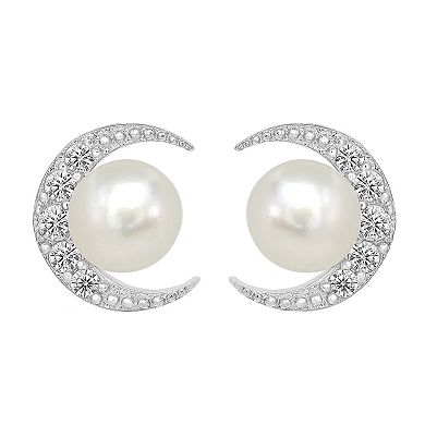 Gemistry Sterling Silver Cubic Zirconia Crescent Moon & Freshwater Cultured Pearl Stud Earrings