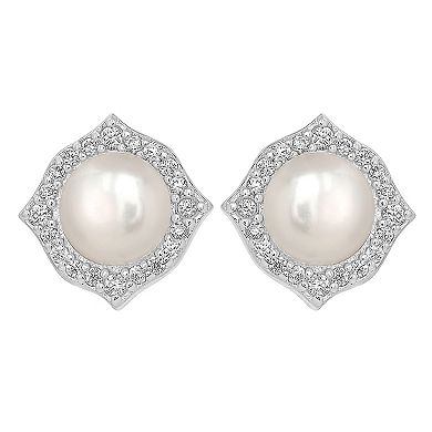Gemistry Sterling Silver Freshwater Cultured Pearl & Cubic Zirconia Fancy Border Stud Earrings