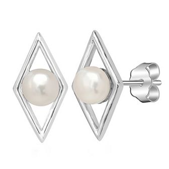 Gemistry Sterling Silver Freshwater Cultured Pearl Open Diamond Shape Border Stud Earrings