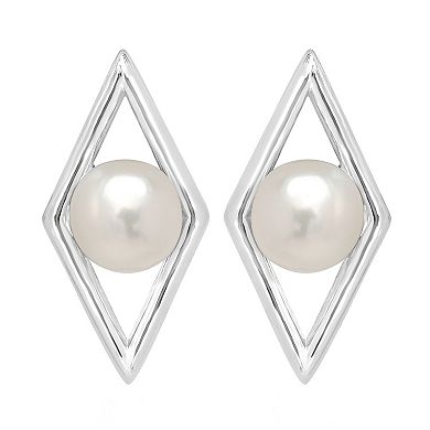 Gemistry Sterling Silver Freshwater Cultured Pearl Open Diamond Shape Border Stud Earrings