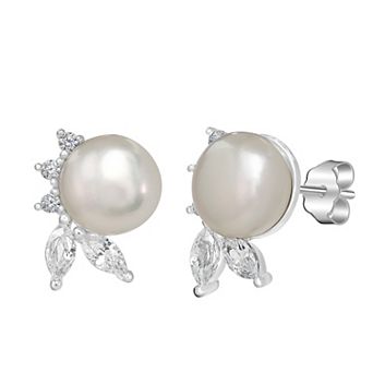 Gemistry Sterling Silver Freshwater Cultured Pearl & Cubic Zirconia Leaf Stud Earrings