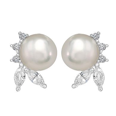 Gemistry Sterling Silver Freshwater Cultured Pearl & Cubic Zirconia Leaf Stud Earrings