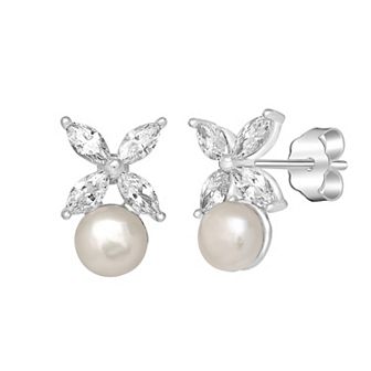 Gemistry Sterling Silver Freshwater Cultured Pearl & Cubic Zirconia Flower Stud Earrings