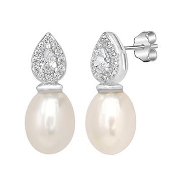 Gemistry Sterling Silver Freshwater Cultured Pearl & Square Cubic Zirconia Stud Earrings