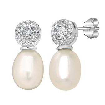 Gemistry Sterling Silver Freshwater Cultured Pearl & Round Cubic Zirconia Stud Earrings