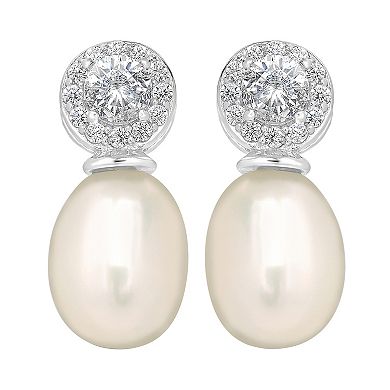 Gemistry Sterling Silver Freshwater Cultured Pearl & Round Cubic Zirconia Stud Earrings