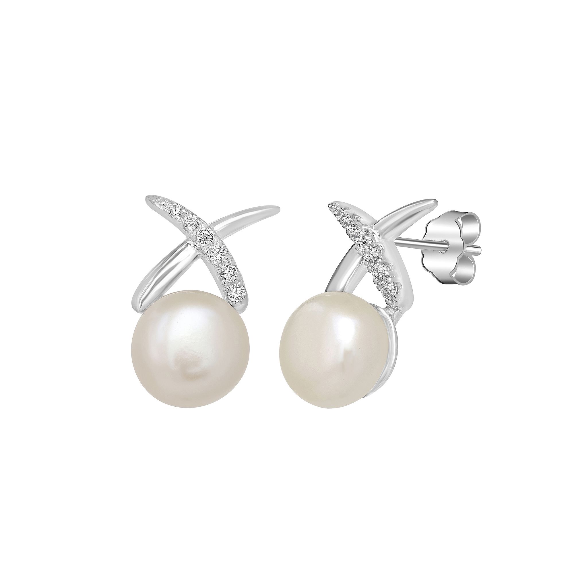 Gemistry Sterling Silver Freshwater Cultured Pearl & Cubic Zirconia X Stud 