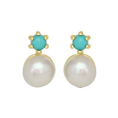 Gemistry 14k Gold Over Sterling Silver Freshwater Cultured Pearl & Turquoise Stud Earrings