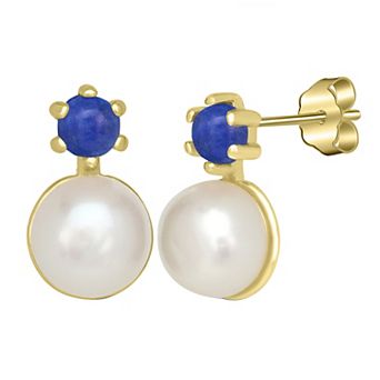 Gemistry 14k Gold Over Sterling Silver Freshwater Cultured Pearl & Lapis Stud Earrings