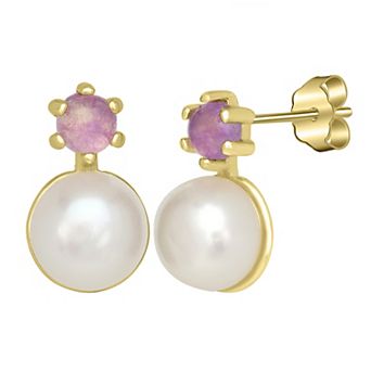 Gemistry 14k Gold Over Sterling Silver Freshwater Cultured Pearl & Purple Quartz Stud Earrings