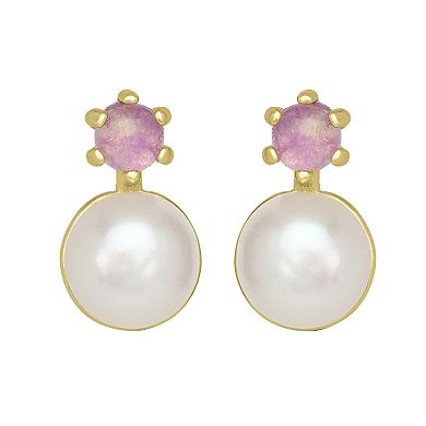 Gemistry 14k Gold Over Sterling Silver Freshwater Cultured Pearl & Purple Quartz Stud Earrings
