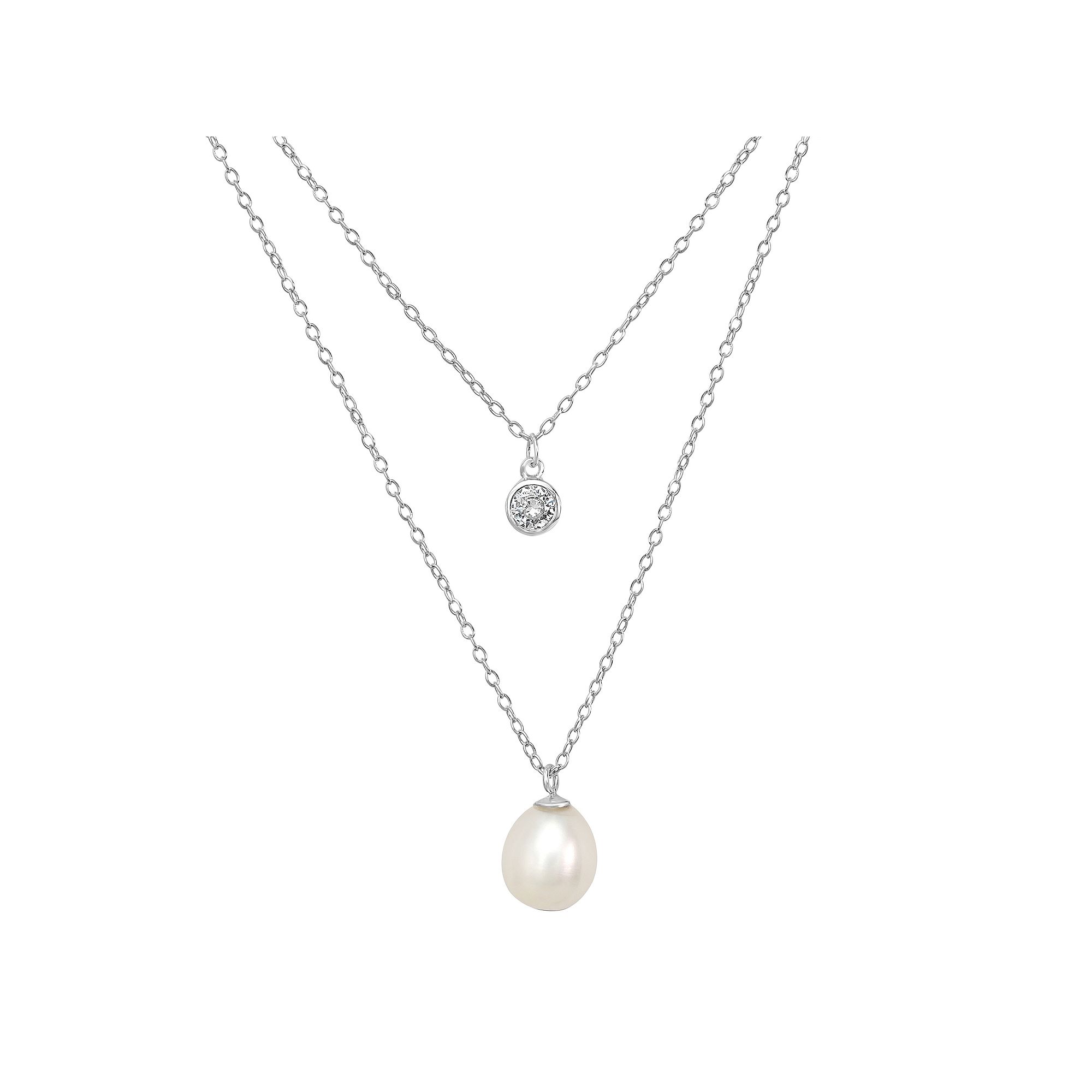 Gemistry Sterling Silver Cubic Zirconia Freshwater Cultured Pearl Double L