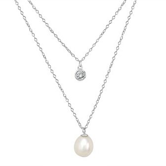 Gemistry Sterling Silver Cubic Zirconia Freshwater Cultured Pearl Double Layer Pendant Necklace