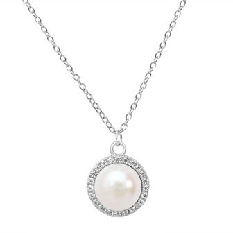 Gemistry Sterling Silver Cubic Zirconia & Freshwater Cultured Pearl Halo Pendant Necklace