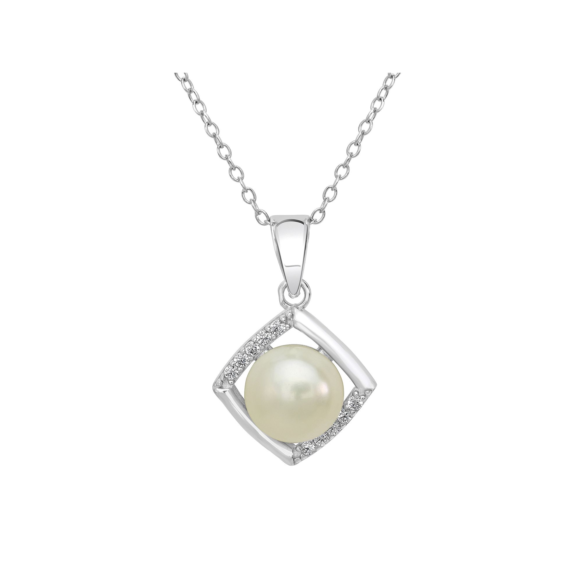 Gemistry Sterling Silver Cubic Zirconia & Freshwater Cultured Pearl Square