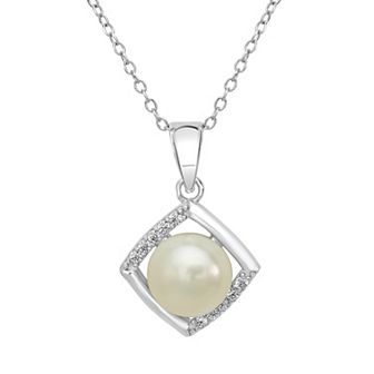 Gemistry Sterling Silver Cubic Zirconia & Freshwater Cultured Pearl Square Border Pendant Necklace